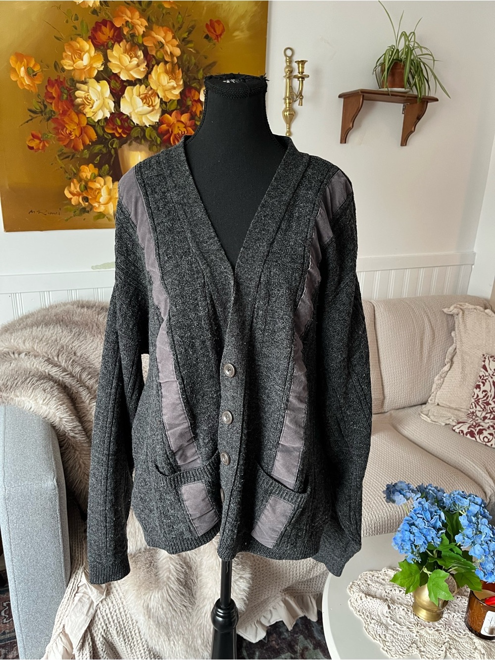 Men’s Vintage Charcoal Gray Button-Up Cardigan Sweater - Size 1X